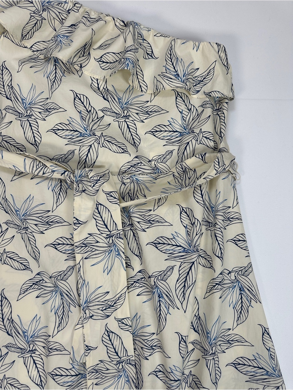 Banana Republic One Shoulder Midi Dress Cotton Poplin Blue Floral Cream Size M - Picture 2 of 9